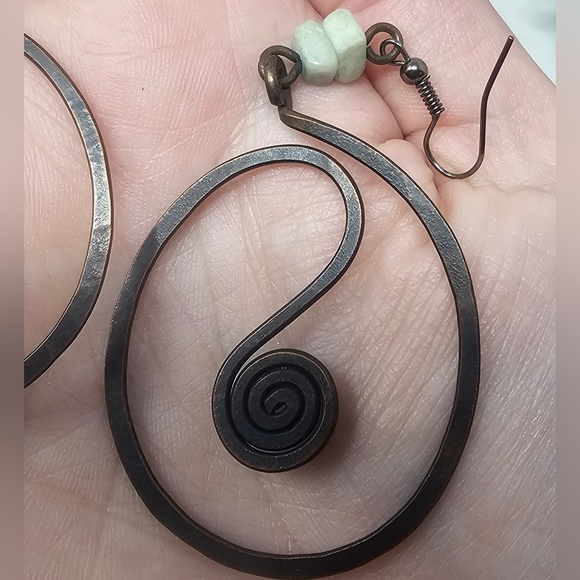 Artisan Crafted Copper Tribal Spiral Hoop Dangle Earrings With Green Beads 3” - Picture 6 of 9